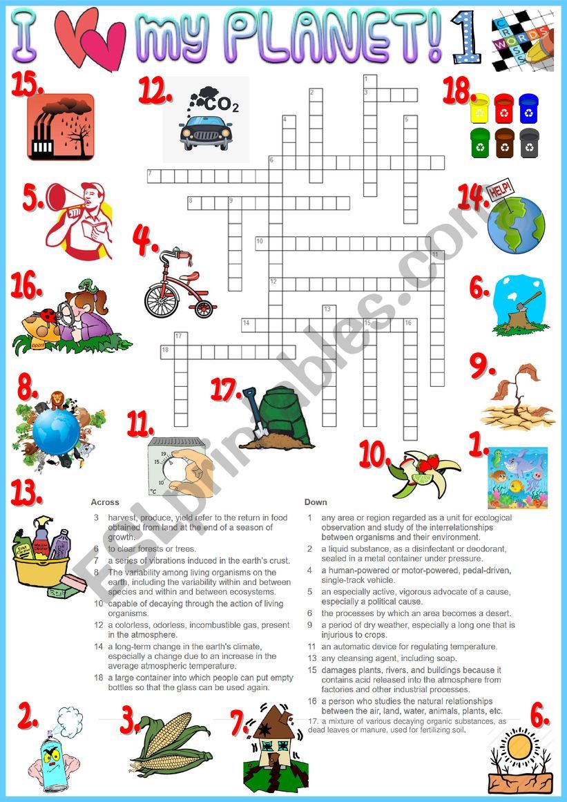 I love my planet 1 crossword - environmental vocabulary + KEY