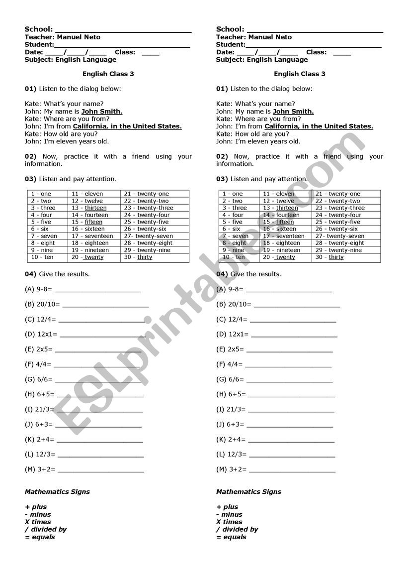 Numbers: 1 to 30 worksheet