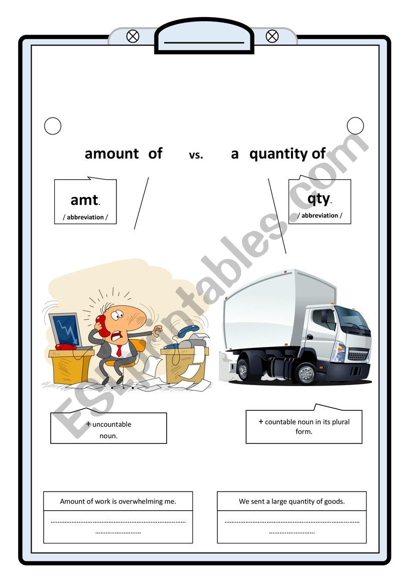 amount vs. a quantity of worksheet