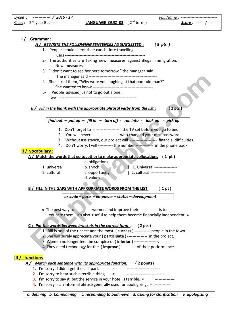 grammar and vocabulary quiz  worksheet