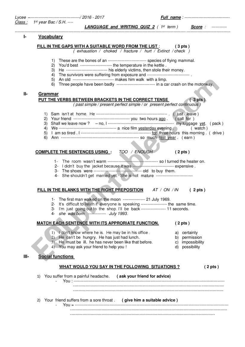 grammar and writing quiz worksheet