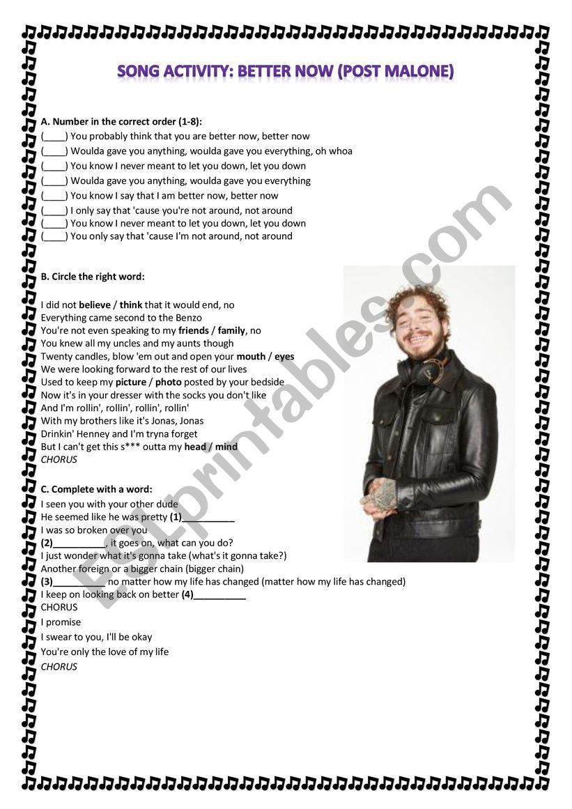 Song Better Now (Post Malone) worksheet
