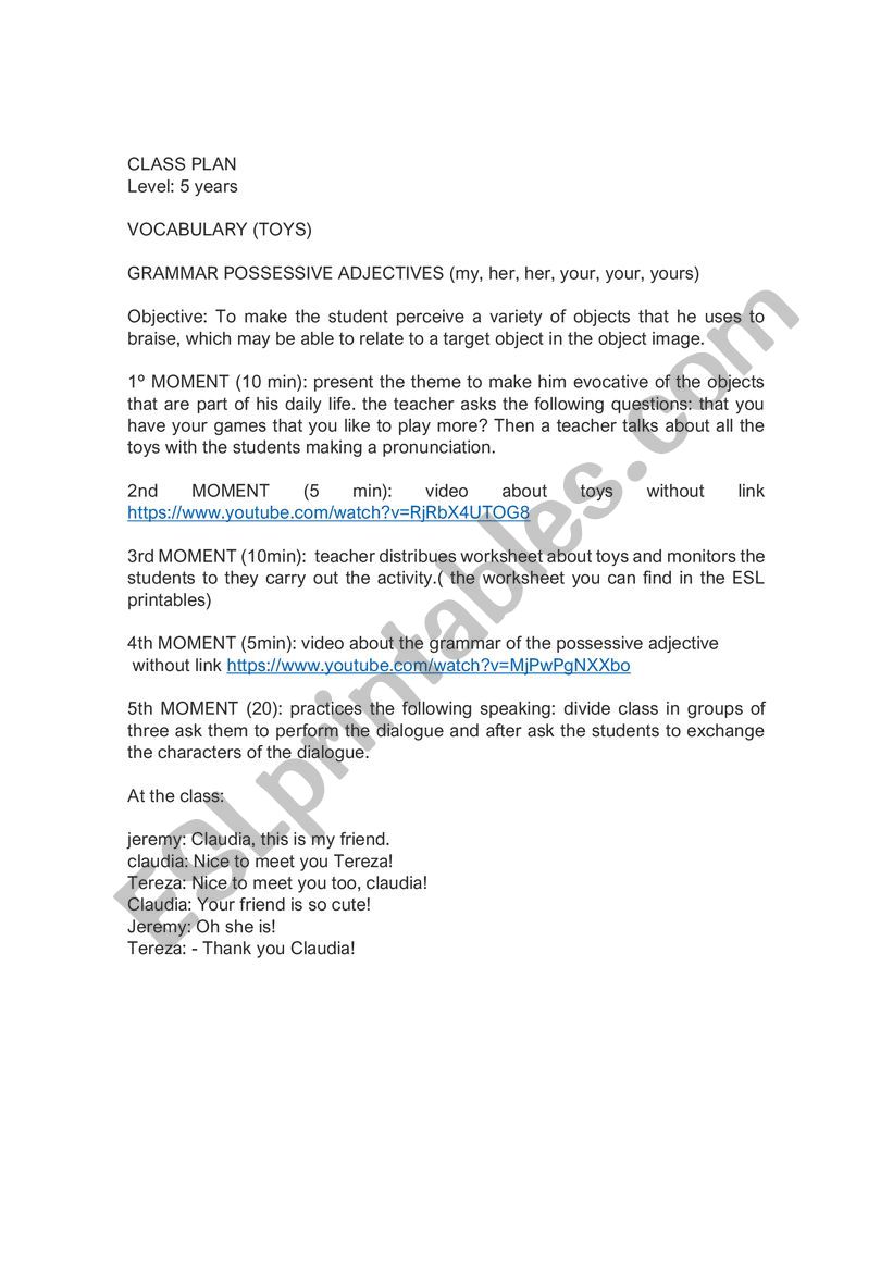 LESSON PLAN TOYS worksheet