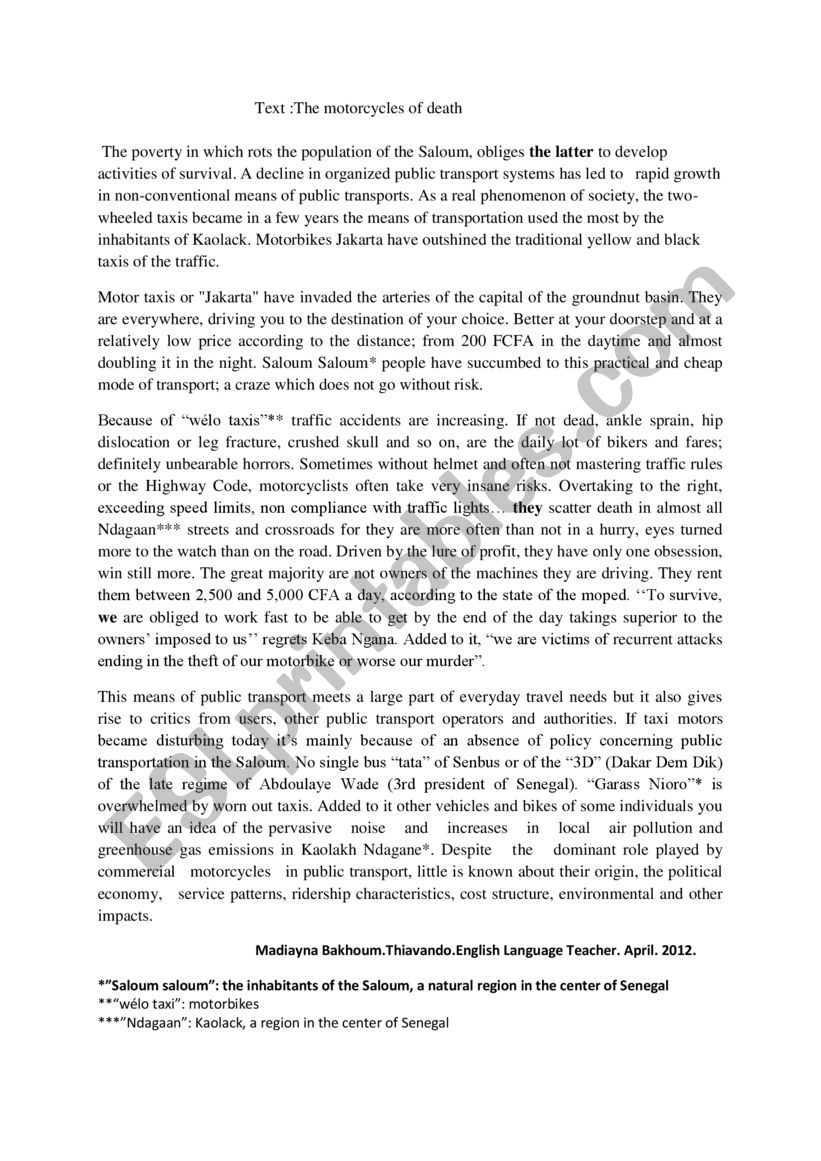 The motorcycles of death worksheet