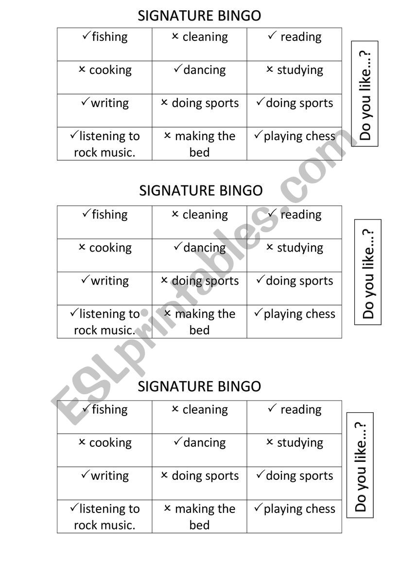Signature bingo likes and dislikes