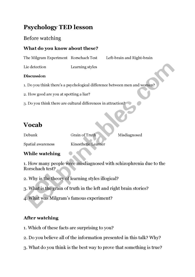 TED worksheet - 10 myths of psychology debunked