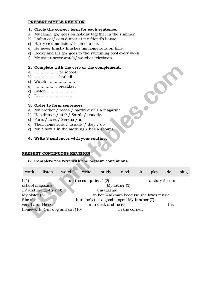 Present simple and continuous worksheet