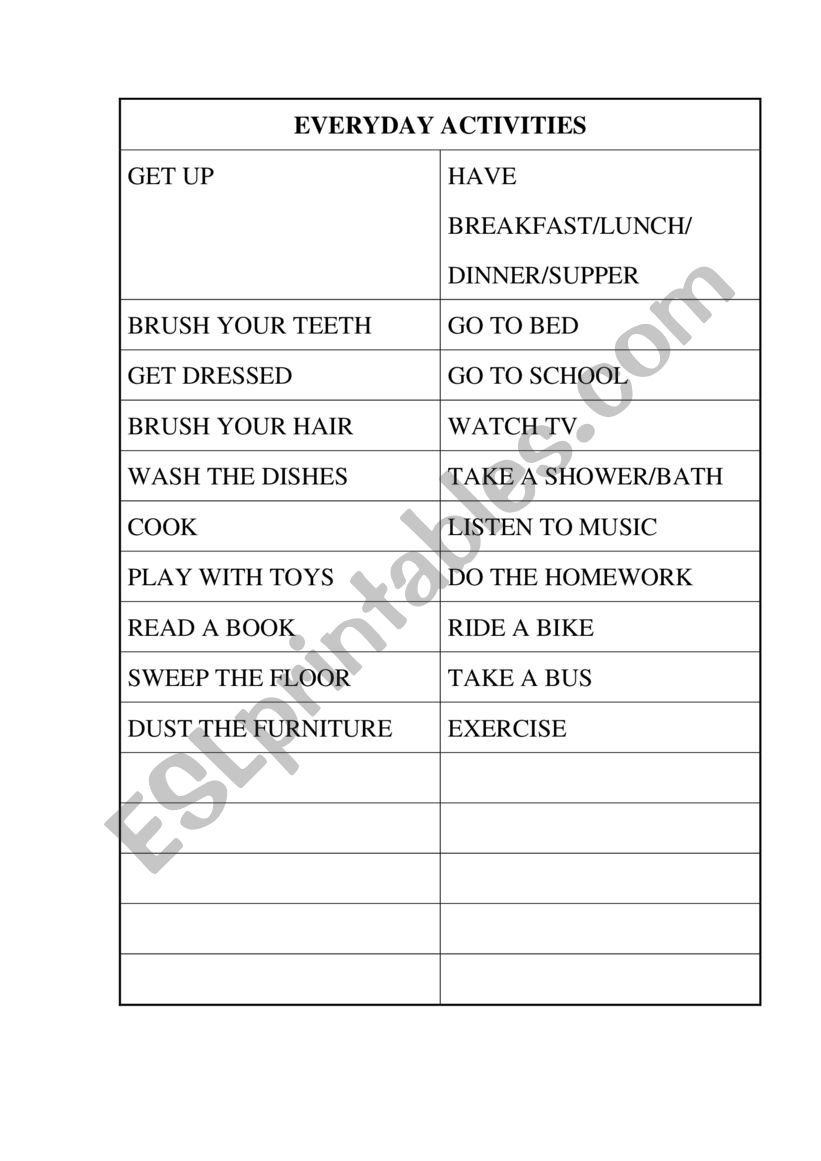 Everyday activities and frequency adverbs list