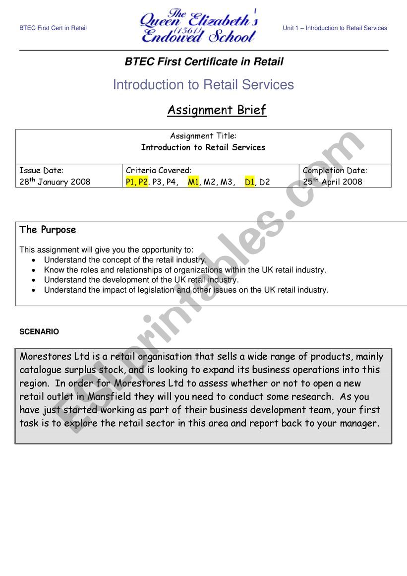 assignment on retailing  worksheet