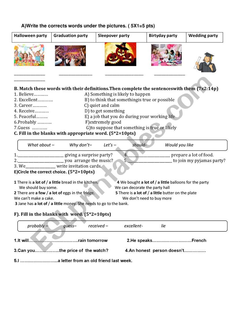 exam excercises worksheet