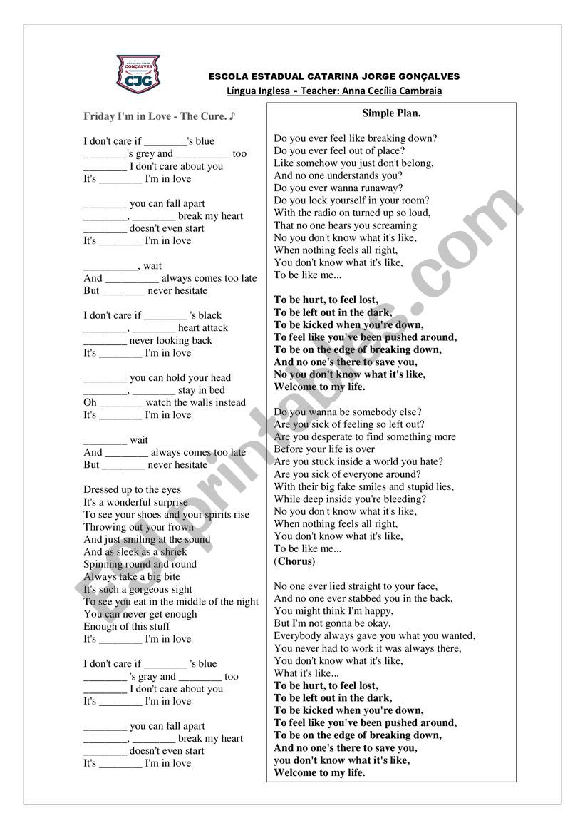 FRIDAY IM IN LOVE worksheet