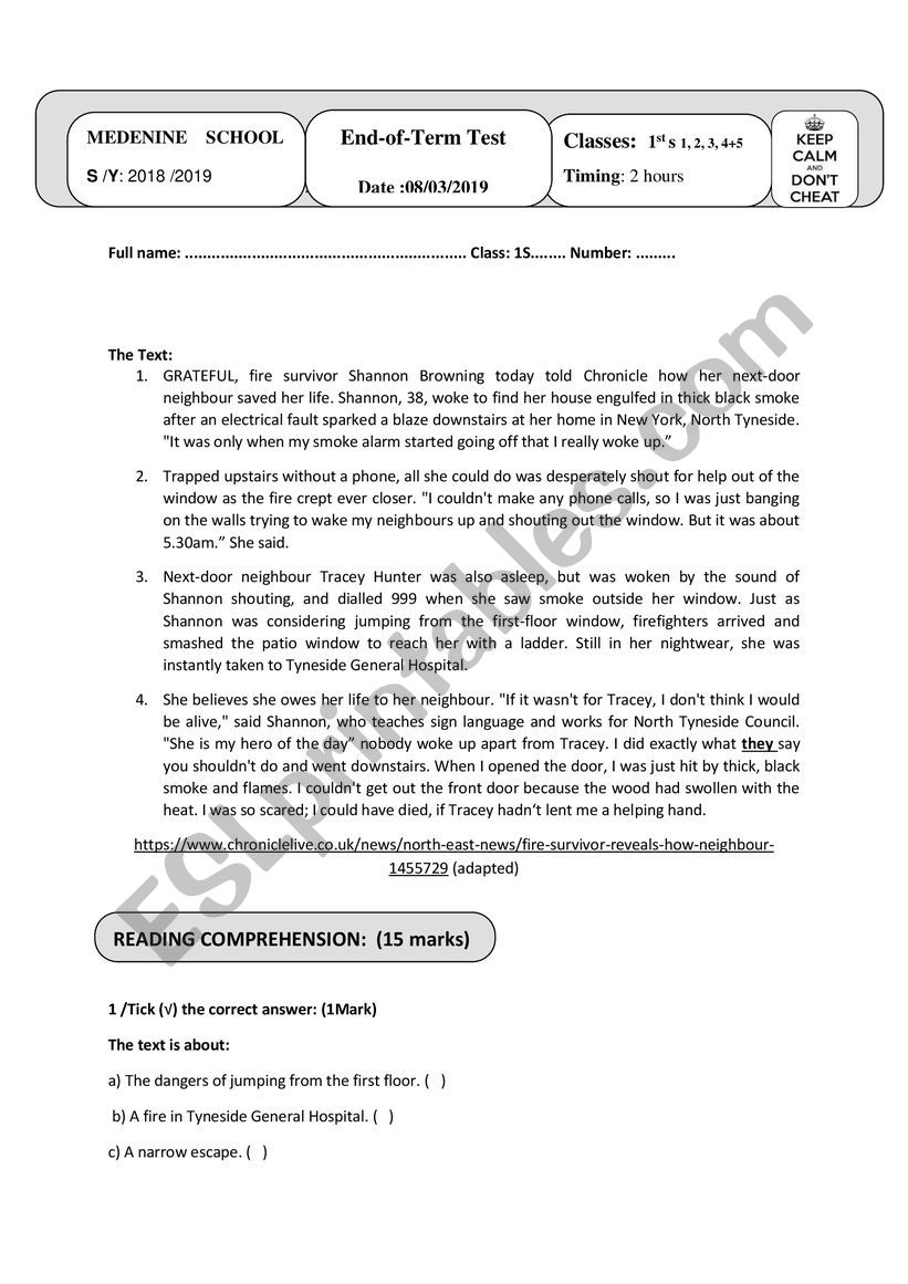 1st form end term test 1 worksheet