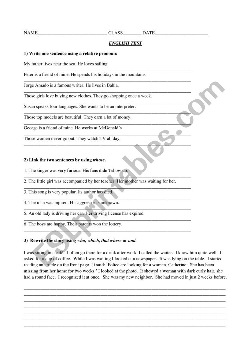 relative clauses  worksheet