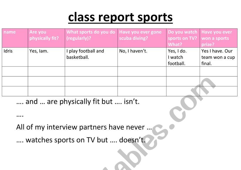 sports class report worksheet