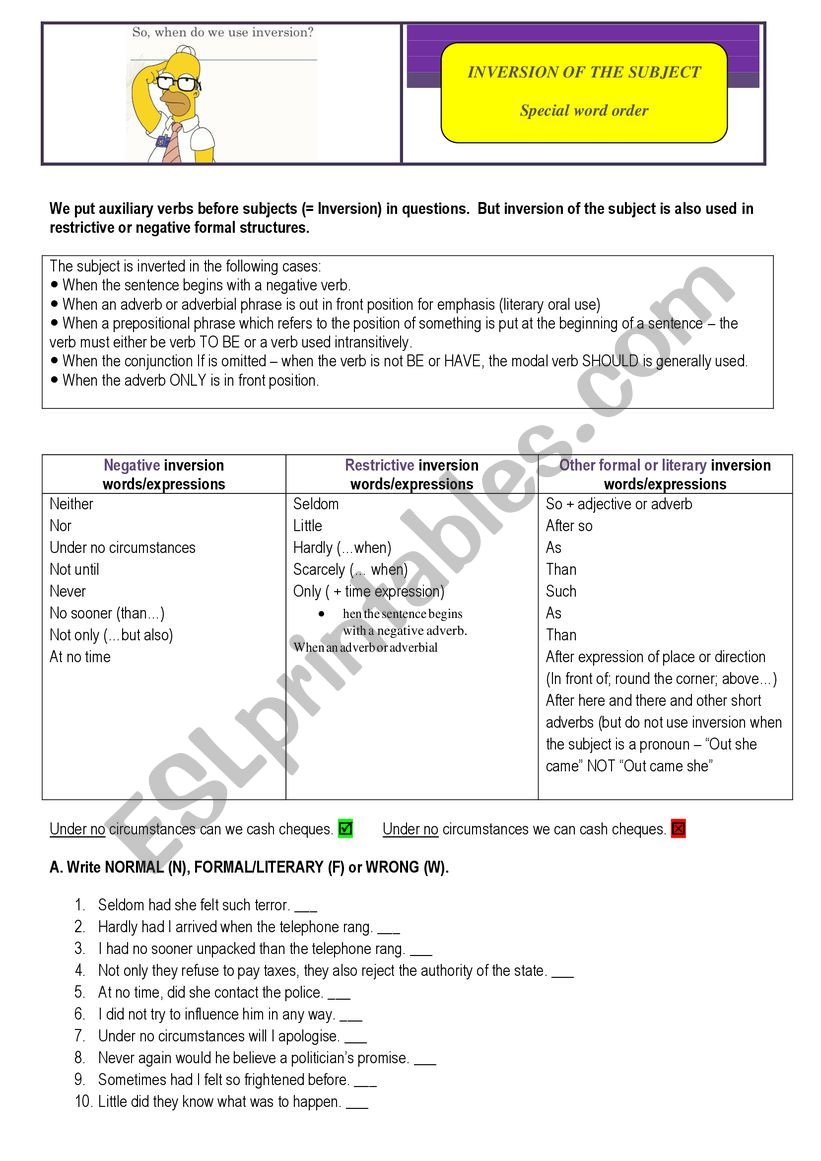 Inversion of the subject worksheet