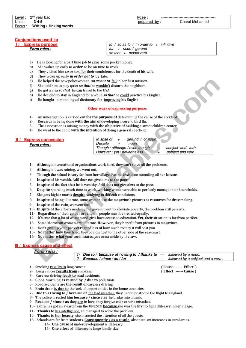 linking words expressing purpose concession contrast  with practice exercices