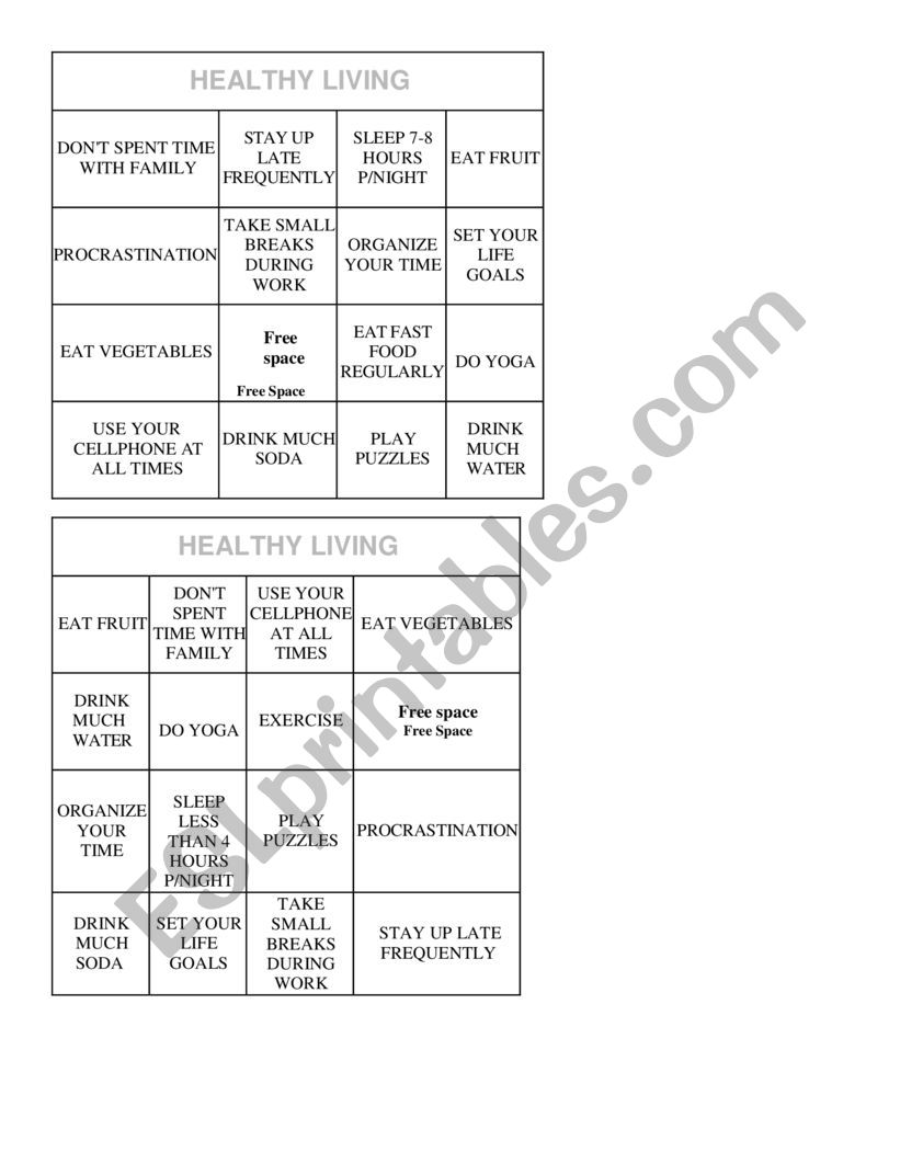 Healthy habits bingo chart worksheet