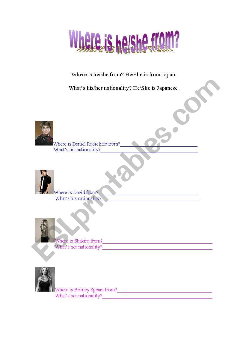 Where is he/she from? worksheet