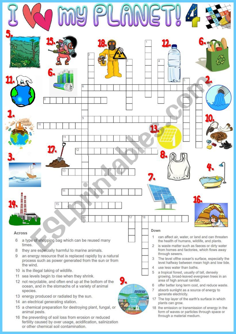 I love my planet 4 Crossword - Environmental vocabulary + KEY