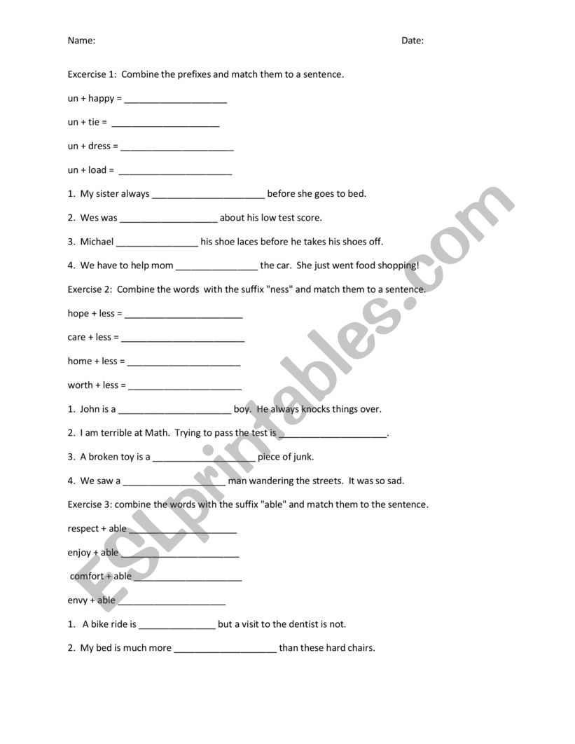Prefixes and Suffixes  worksheet