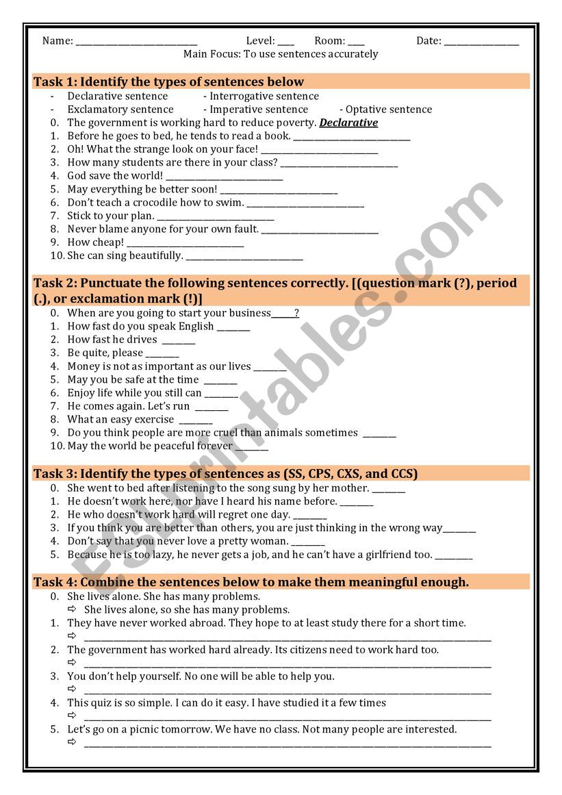 Practice of types of sentences