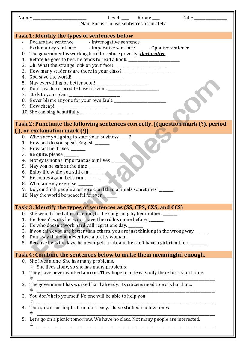 Practice Of Types Of Sentences ESL Worksheet By Cheancheanchean