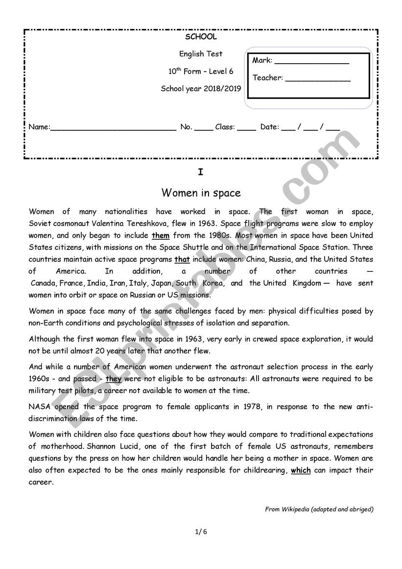 Women in space - 10th form test