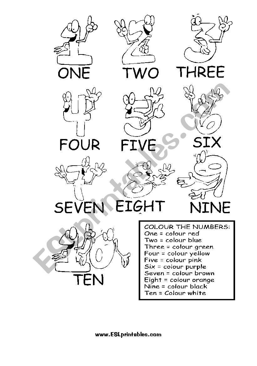 Colour the numbers (1-10) worksheet