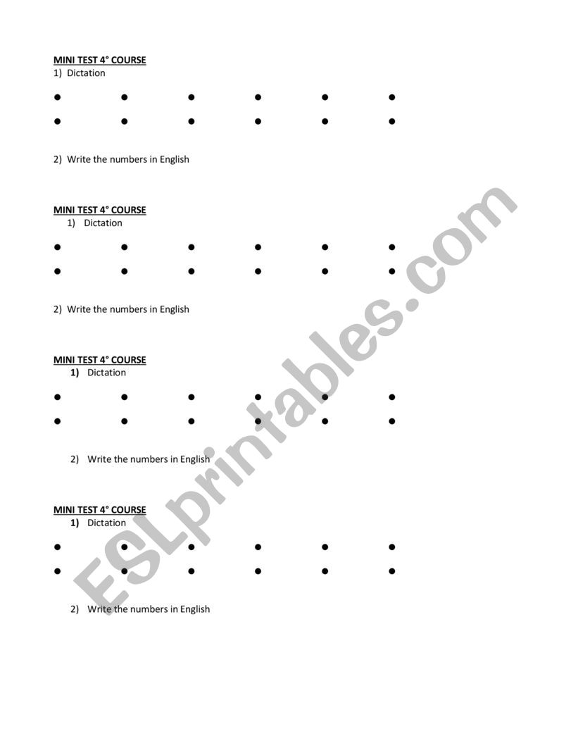 mini test numbers 1-100 worksheet