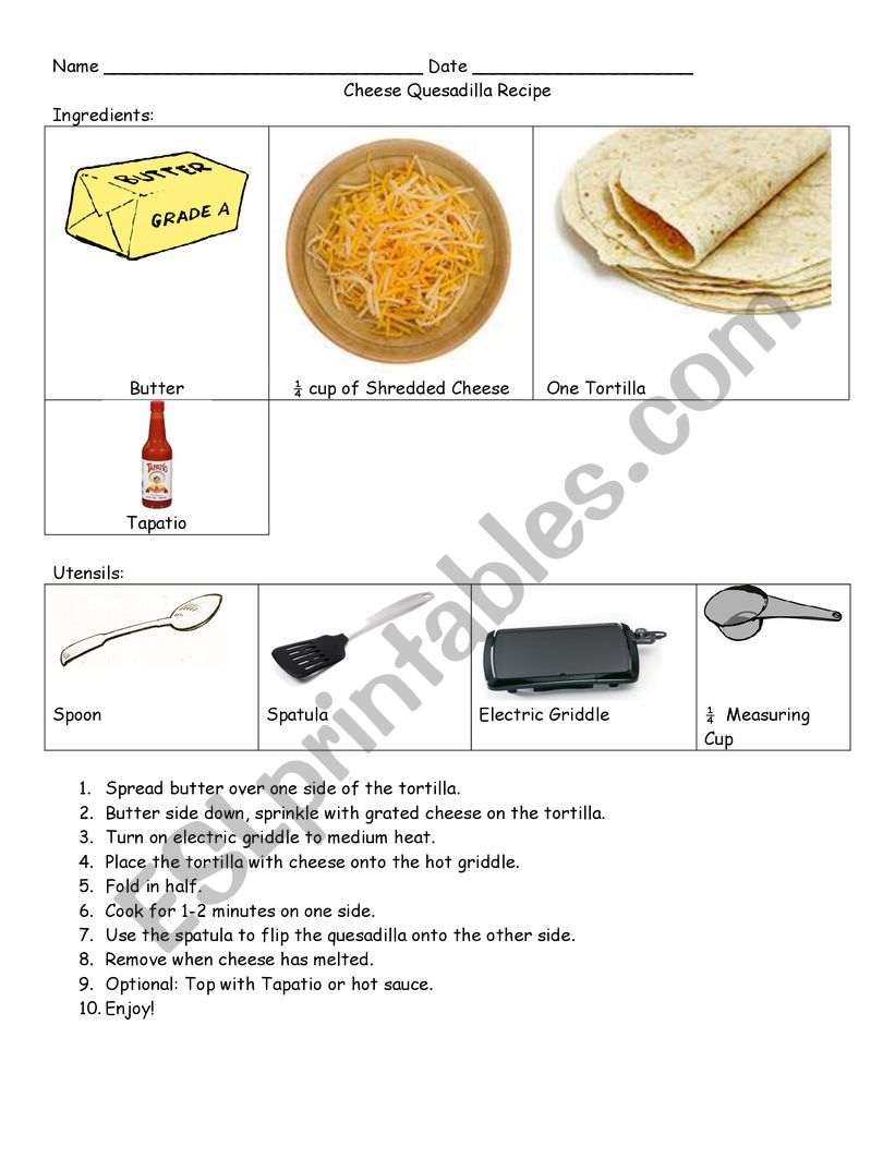 Cheese Quesadilla Recipe worksheet