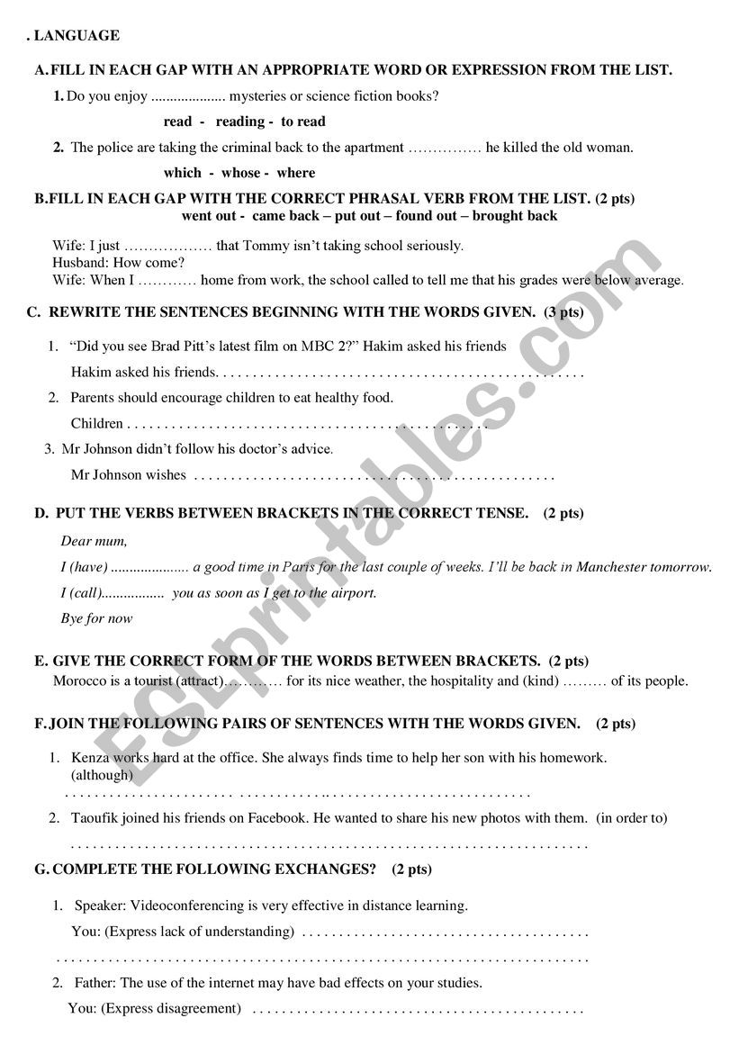 language test worksheet