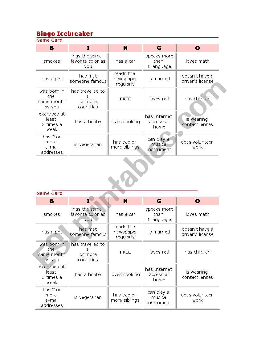 bingo worksheet