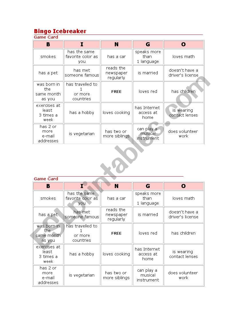 bingo worksheet