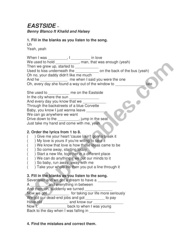 Eastside - Song Exercise worksheet