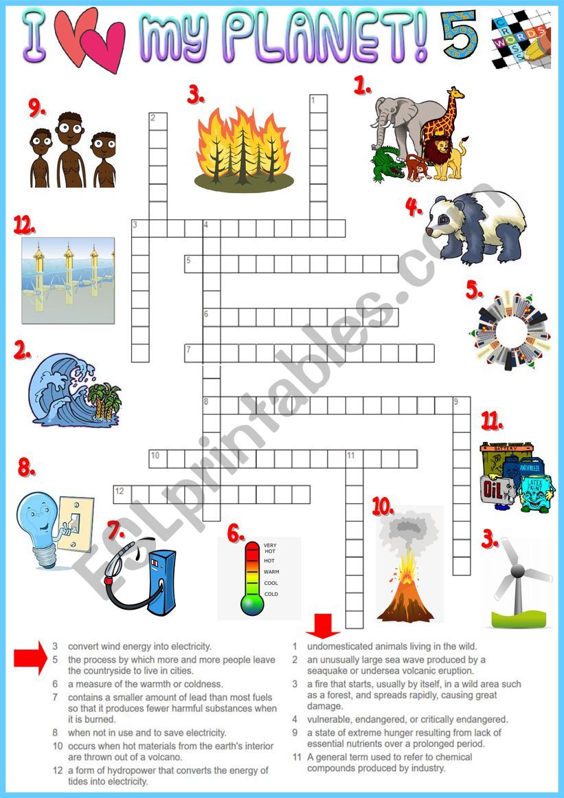 I love my planet 5 Crossword - Environmental vocabulary + KEY