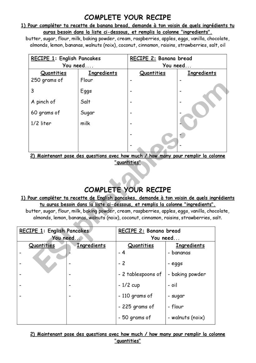 COOKING RECIPES worksheet