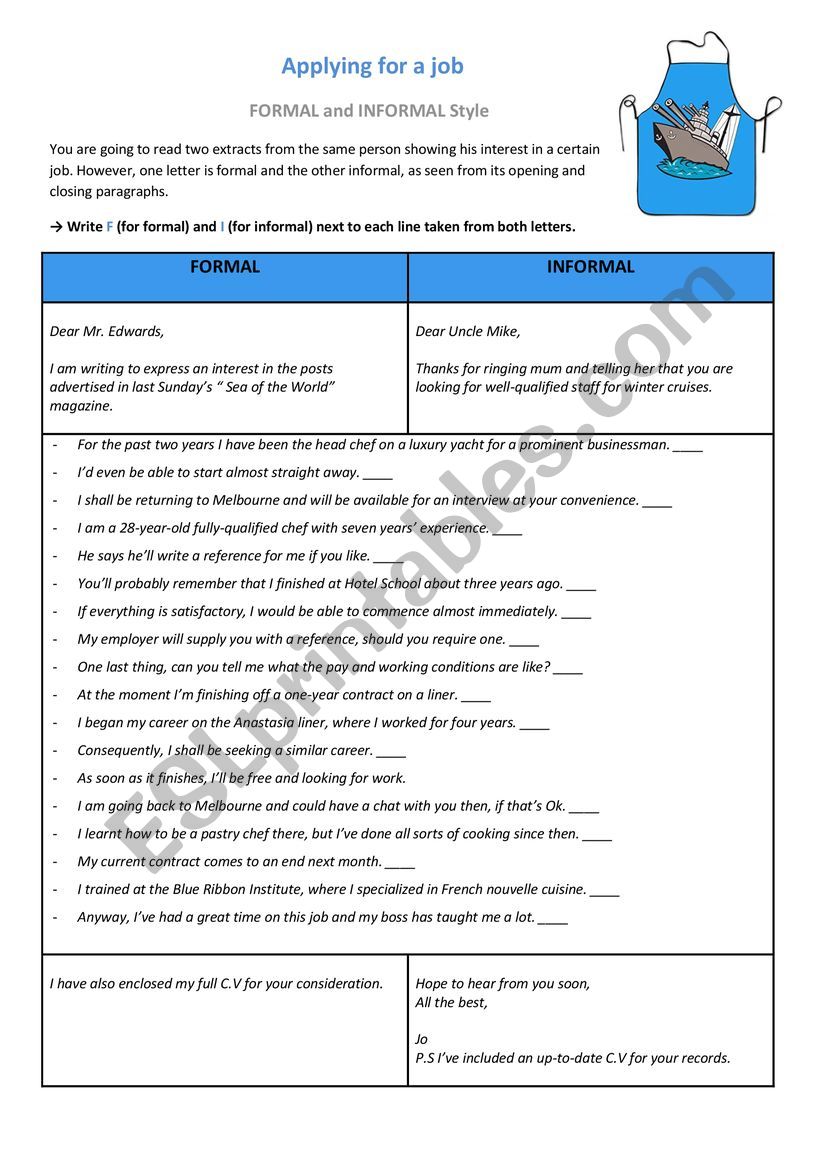 Writing - Applying for a job - Formal and Informal style