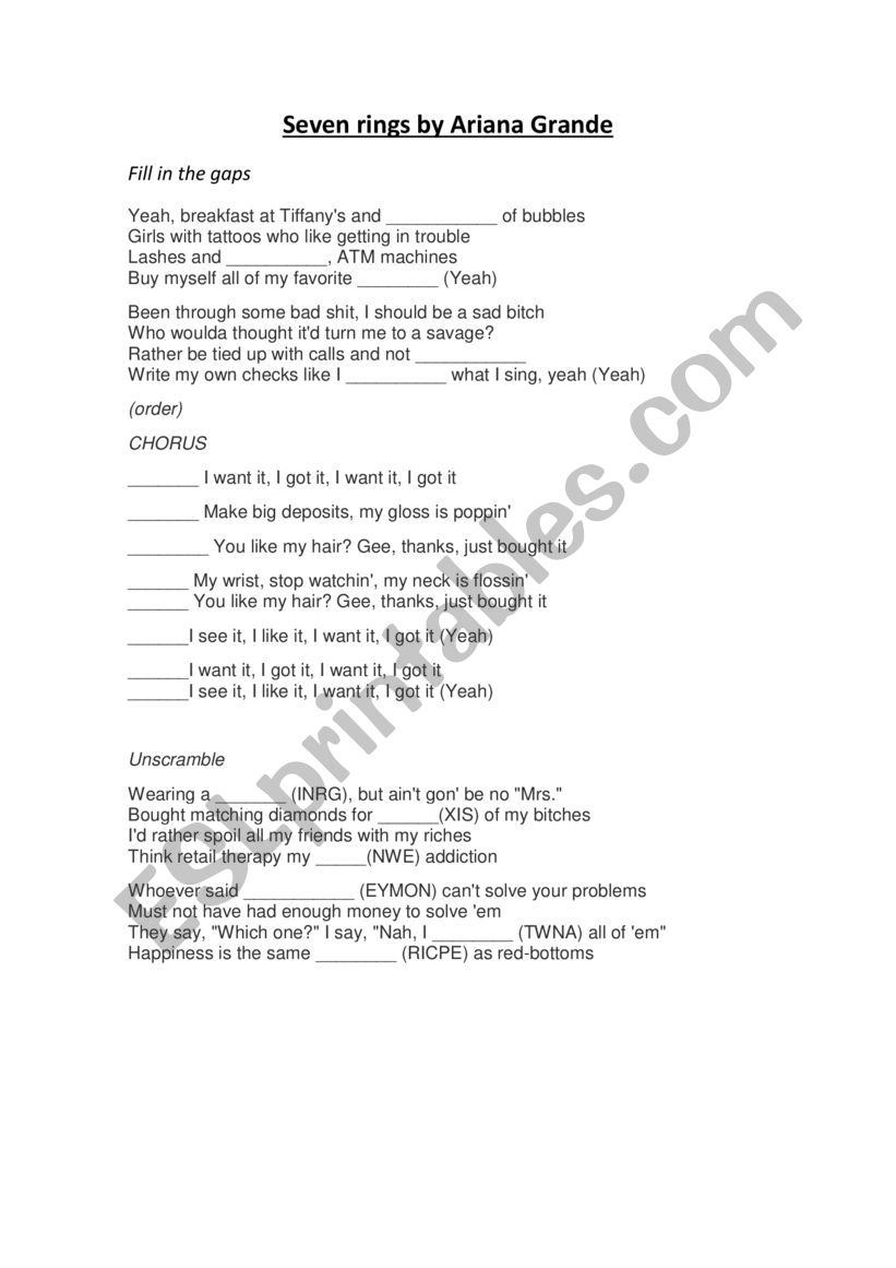 Seven rings by Ariana Grande worksheet