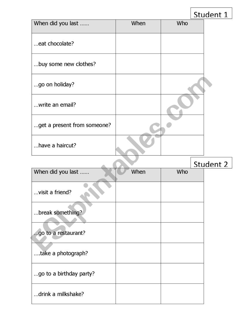 PAST SIMPLE SPEAKING ACTIVITY worksheet