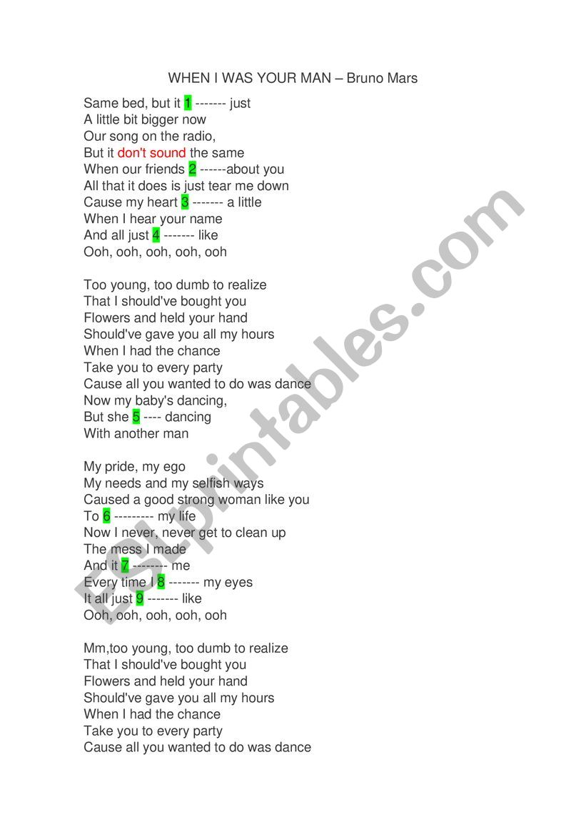 When I was your man worksheet