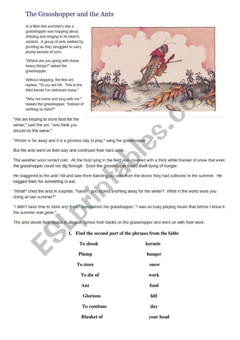The grasshopper and the Ant (fable anf arter reading activities) 