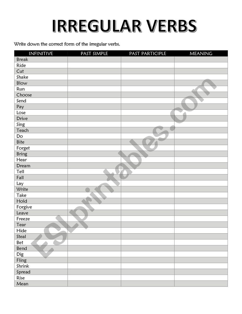 Irregular Verbs Chart Worksheet