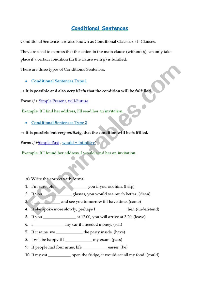 Conditional sentences (1 , 2) worksheet
