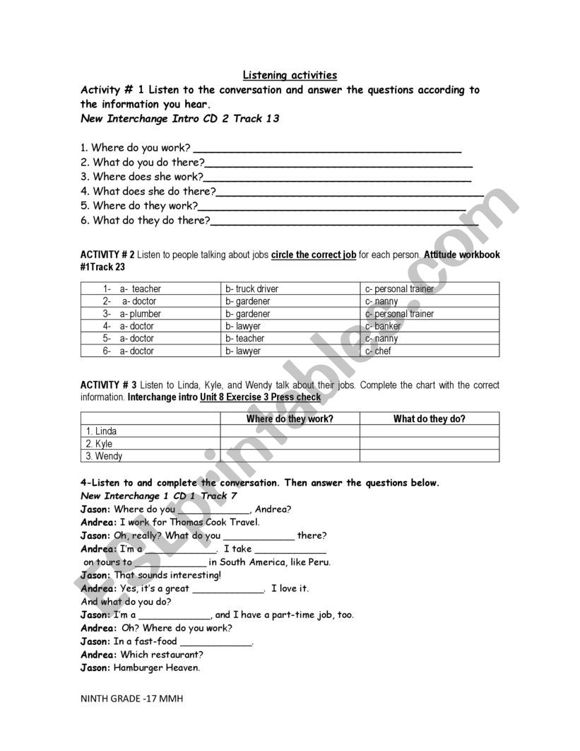 OCCUPATIONS worksheet