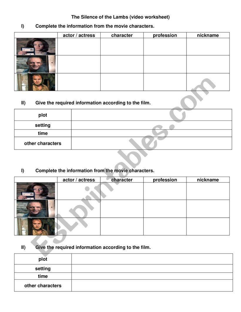 The silence of the lambs worksheet