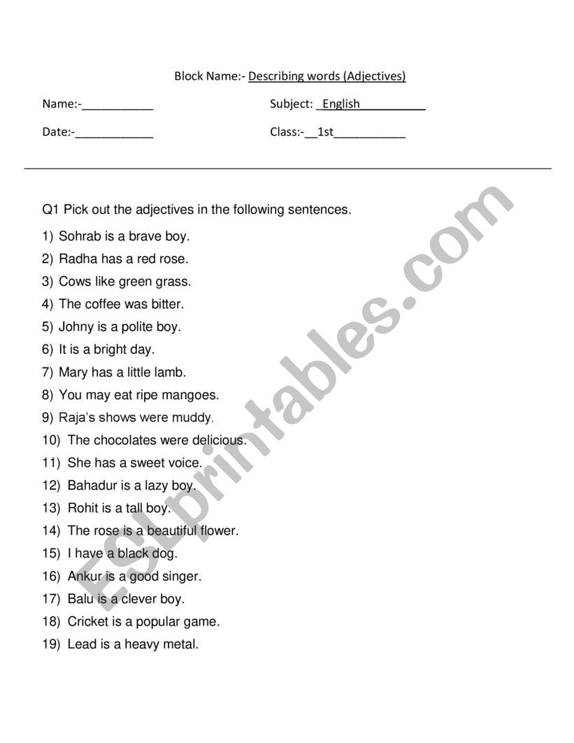 Adjectives worksheet worksheet