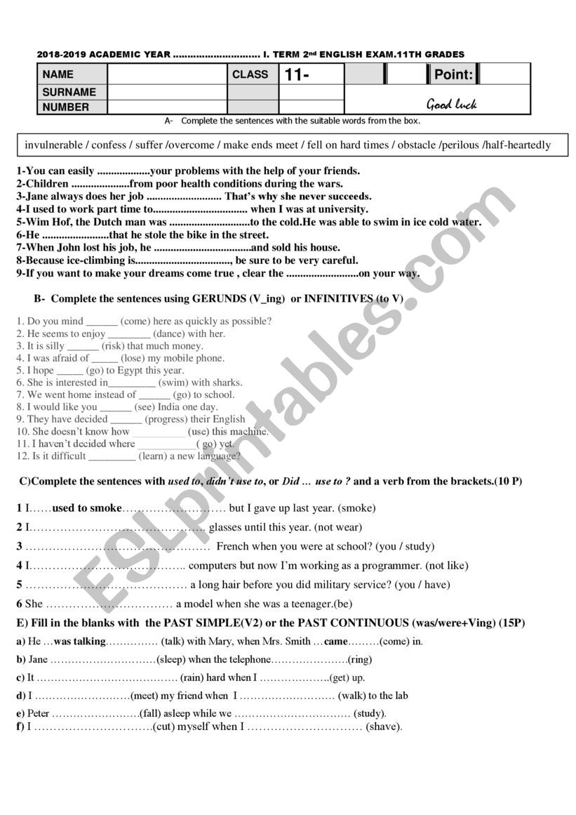 An exam paper for elementary and ıntermediate students