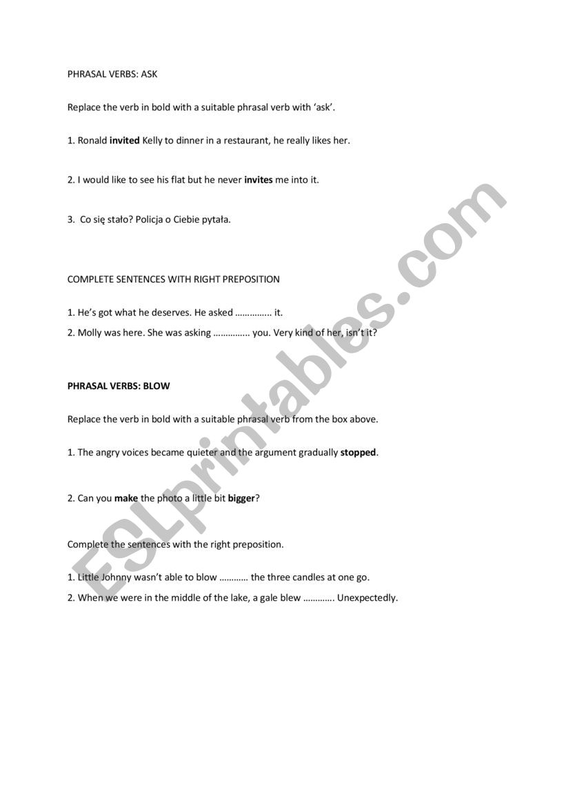 Phrasal verbs - ask and blow worksheet