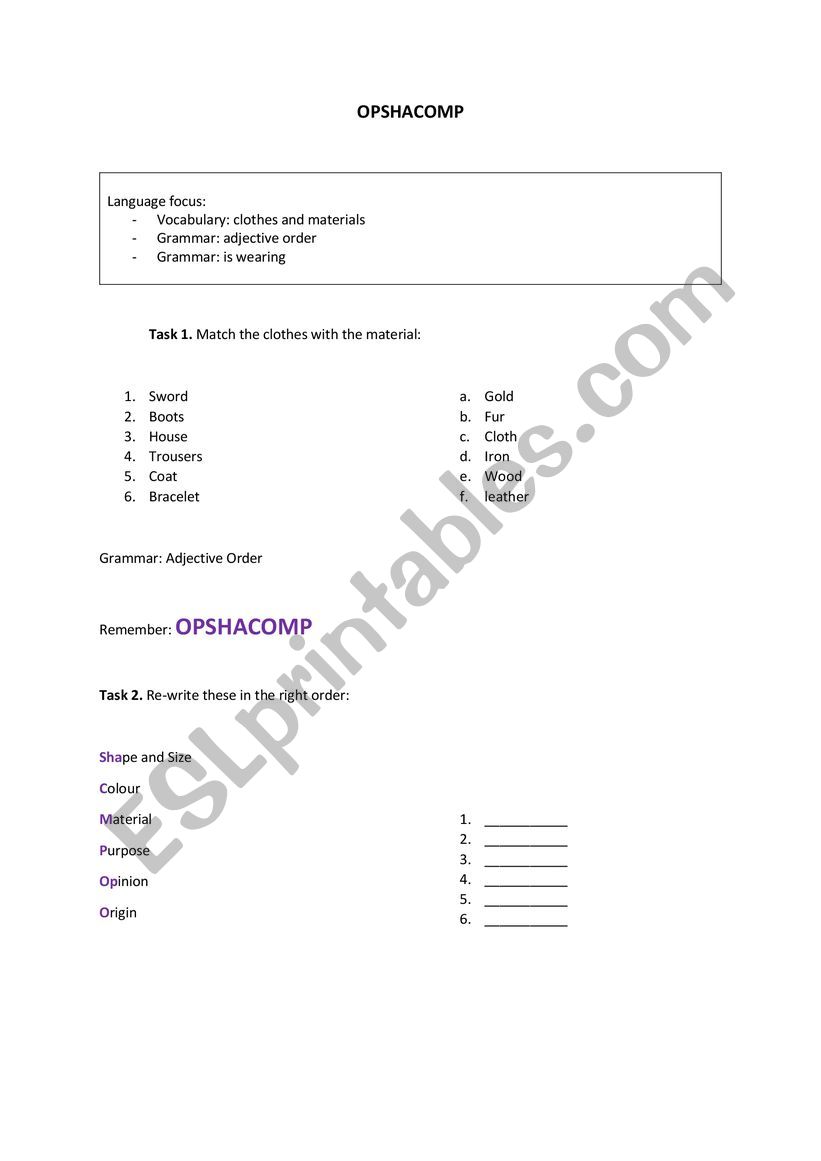 Adjective Order OPSHACOMP worksheet