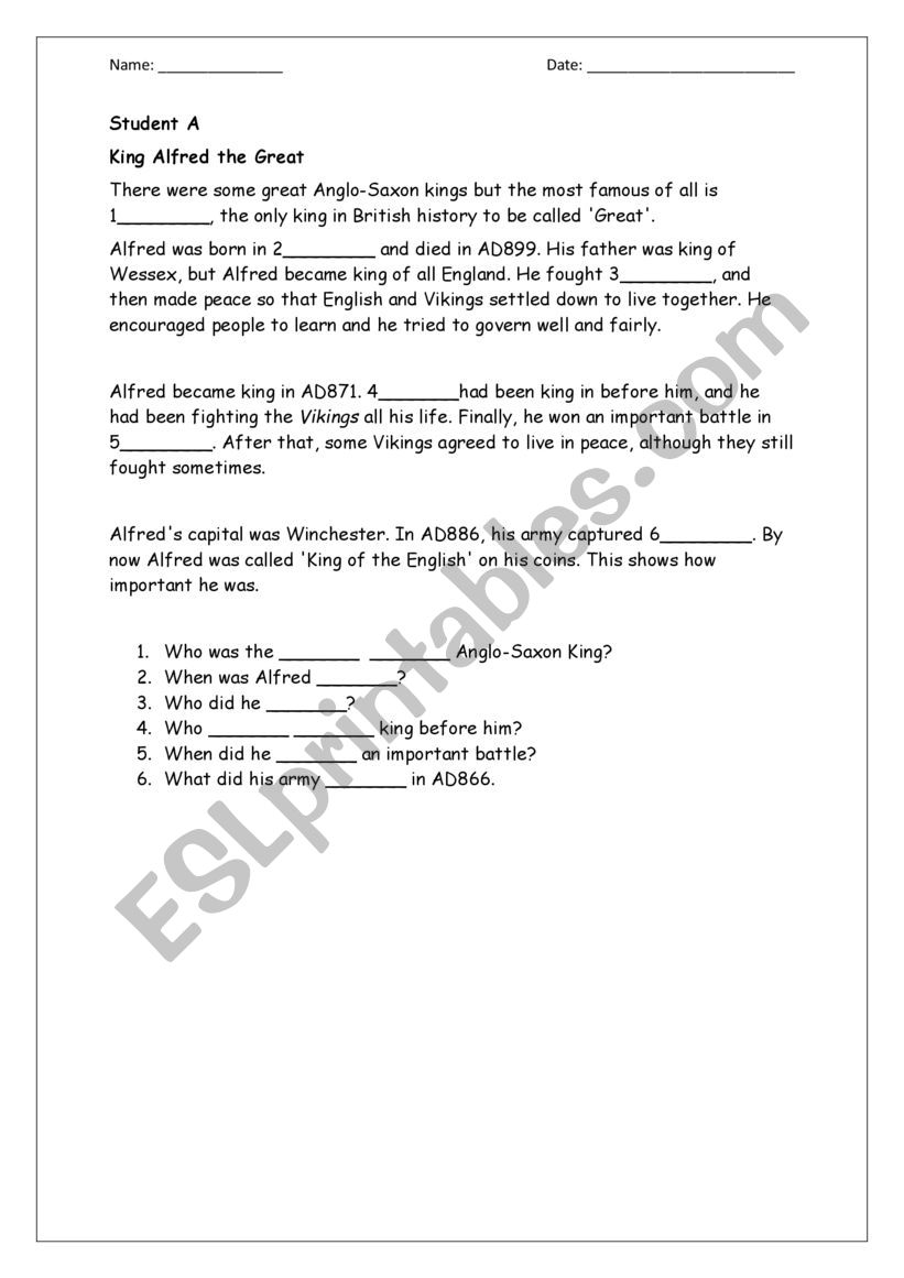 Reading King Alfred worksheet